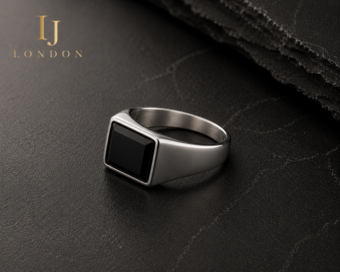 Men’s Stainless Steel Black Stone Signet Ring | IJ London