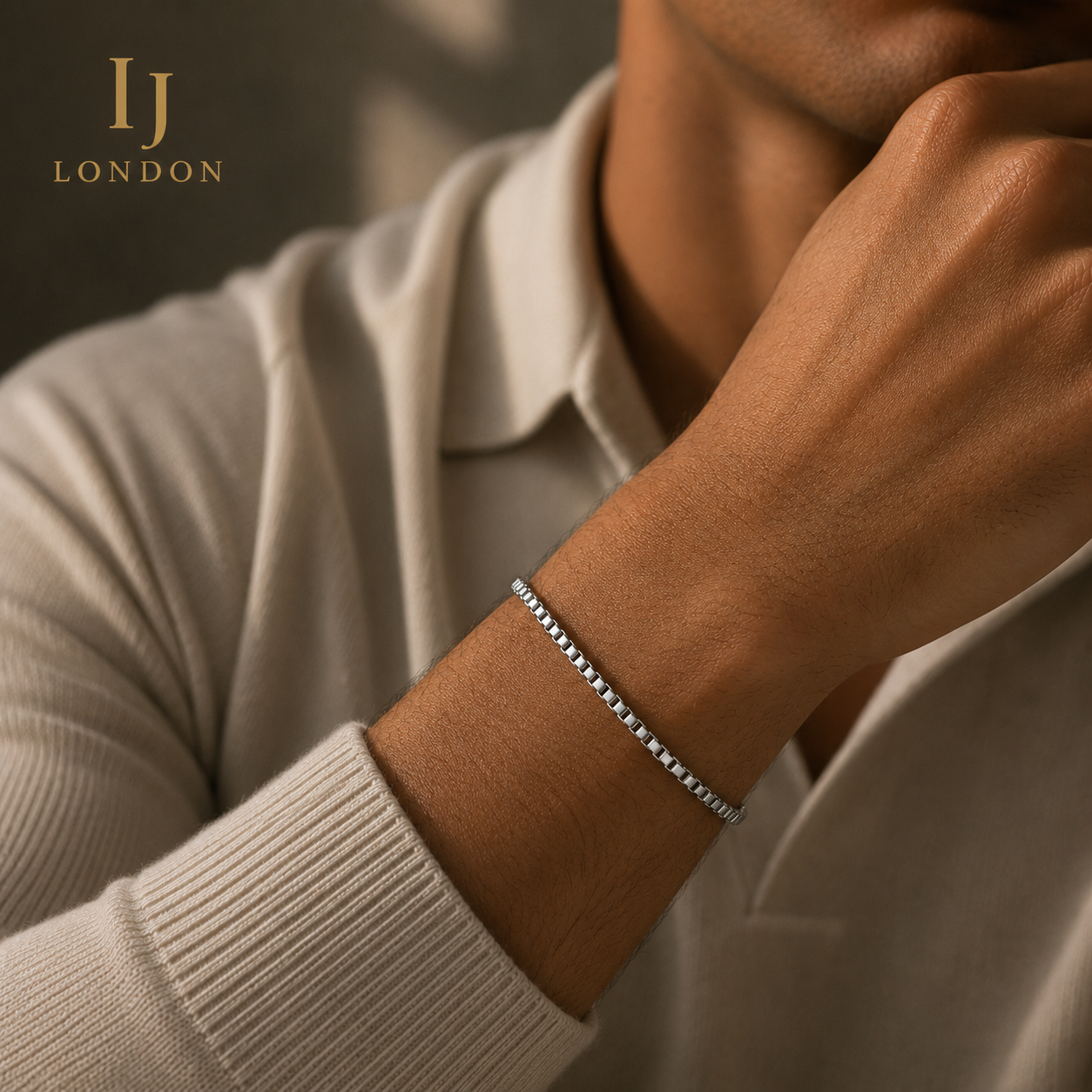 IJ London Silver Stainless Steel box  chain Bracelet
