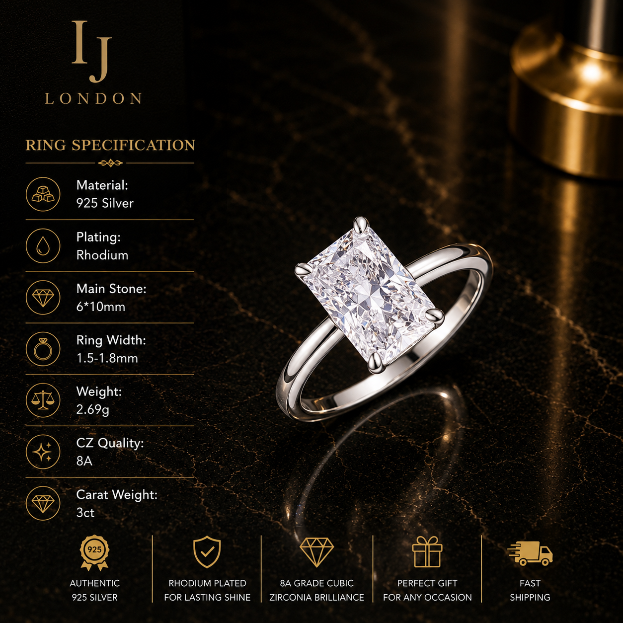 Radiant Cut Solitaire Ring – 3ct CZ 925 Sterling Silver | Rhodium Plated