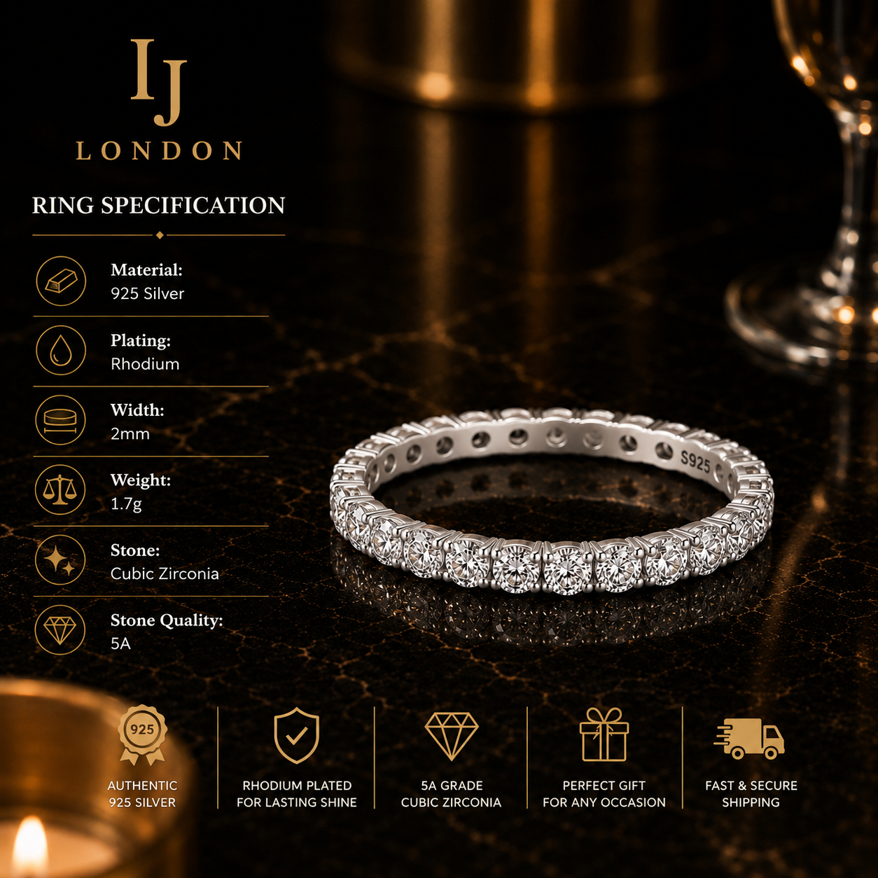 925 Sterling Silver Eternity Band Ring – Rhodium Plated CZ Wedding & Stacking Ring