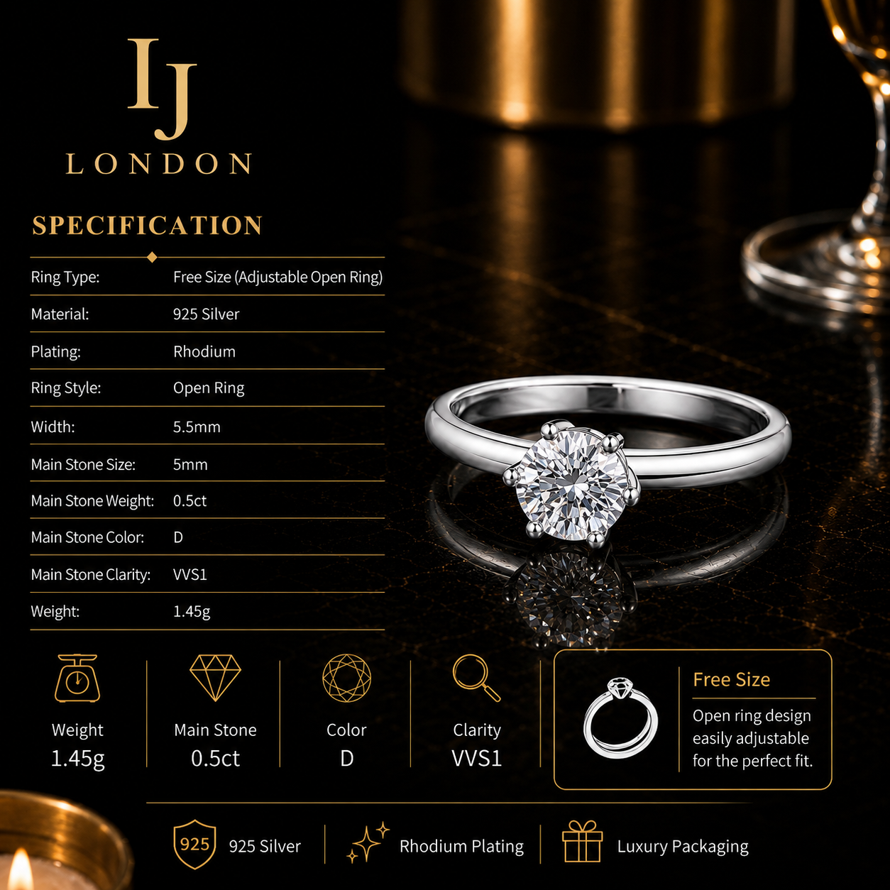 IJ LONDON Adjustable Solitaire Ring – 925 Sterling Silver | 0.5ct D Color VVS1 Stone