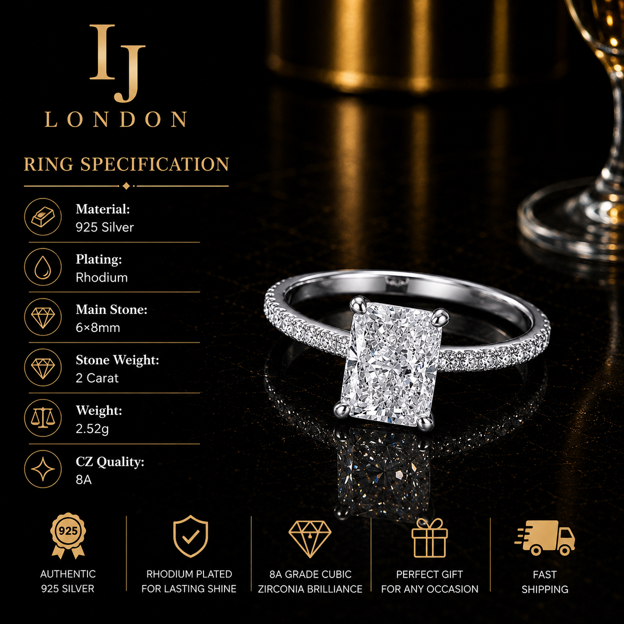 Radiant Cut 2 Carat CZ Engagement Ring – 925 Sterling Silver Rhodium Plated