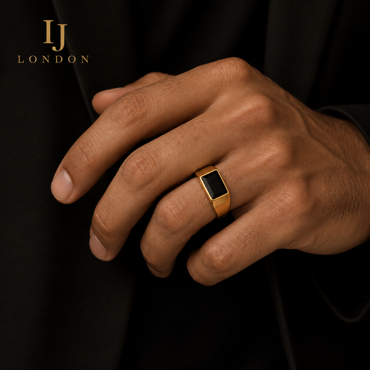 Men’s Gold Stainless Steel Black Onyx Signet Ring