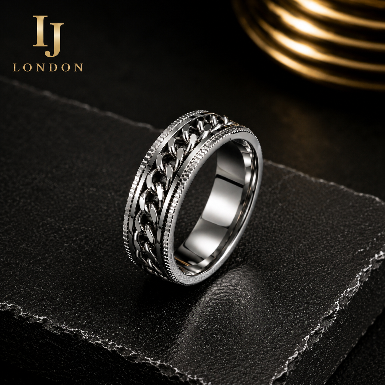 Men’s Stainless Steel Chain Ring – Premium Silver Spinner Ring