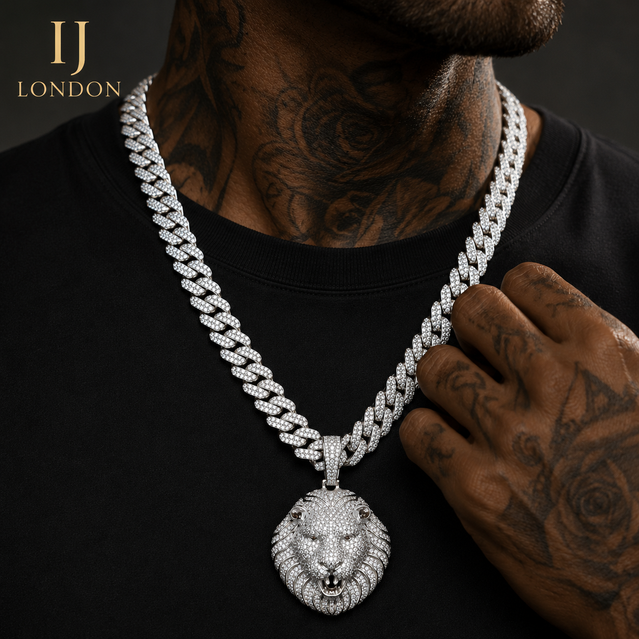 14mm 2 Row Prong Set Cuban Link Chain with Lion Pendant